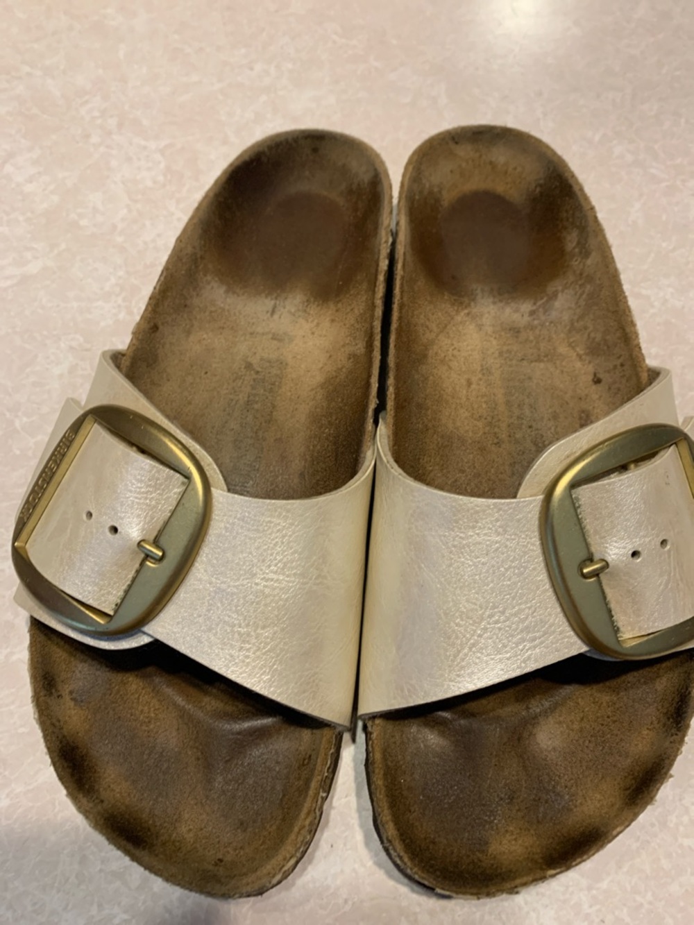 Birkenstock White Single Strap Slide Sandals with Gold Buckles Size 39